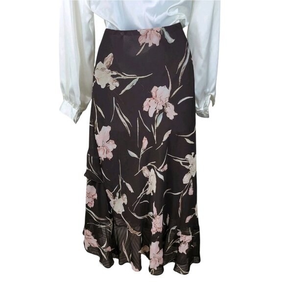 Chaps Floral Skirt Large Ruffle Ralph Lauren Romantic Brown Pink Elastic Waist - Picture 6 of 8